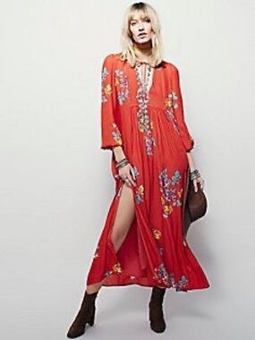 Free People Red Floral V-Neck Maxi Dress